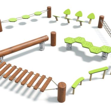 Bulb by DG Play, a bulb shaped balance circuit with beams and green stepping tops for schools and parks