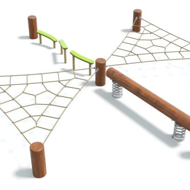 Balance course with a rope net, a timber log and green stepping tops