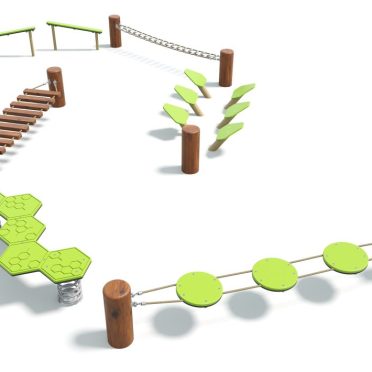 Tumble by DG Play, a looping balance course with timber posts and green stepping elements for schools and parks