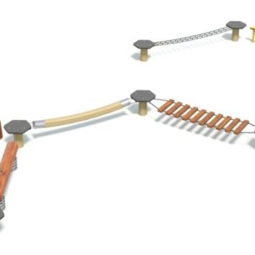Balance course with mixed stepping tops and yellow rails