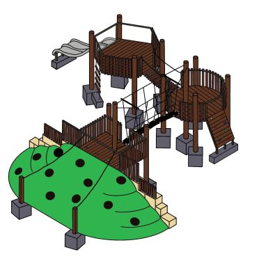 Colorful outdoor playground with bridges, slides, and climbing areas for children.