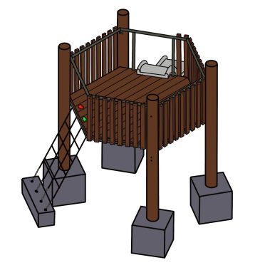 A wooden treehouse with a slide, safety railings, and a cozy interior, designed for children to enjoy outdoor play in a secure environment.