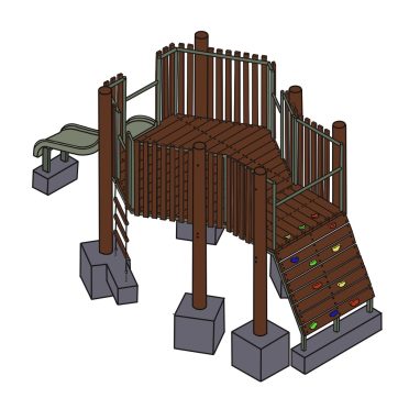 Climbing play structure with slide and ropes for outdoor kids playground equipment.