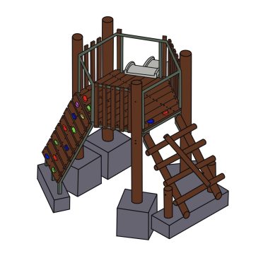 Vibrant wooden outdoor playground structure with climbing wall, slide, and platforms, ideal for children's recreation and play area enhancements, featuring safe materials and engaging design.