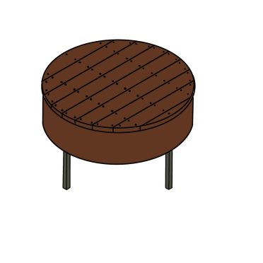 A wooden platform pod with a round shape, elevated on metal legs, ideal for outdoor seating, gatherings, or stage setups. Durable construction suitable for various outdoor environments.