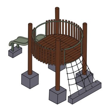 Carved wooden playground tower with slide, climbing net, and safety rails, designed for children's outdoor play areas, featuring durable construction and aesthetic appeal for parks and recreational spaces.
