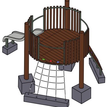 Wooden outdoor playground with climbing web, slide, and safety barrier, perfect for kids' play areas and playground equipment.