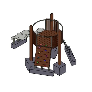Colorful wooden playground structure with slide, climbing wall, and swing for children at DG Play.