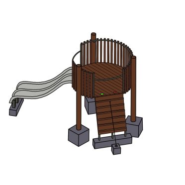 Children's outdoor play structure with a slide and climbing platform, made of wood and metal, designed for safe outdoor play.