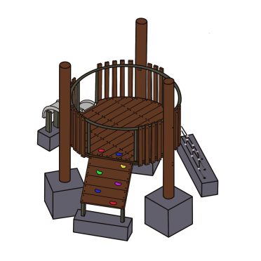 Playground with a round Banksia-inspired design featuring wooden elements and climbing features.