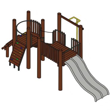 Slide and Seek by DG Play, a timber play tower with a slide, climbing wall and monkey bars
