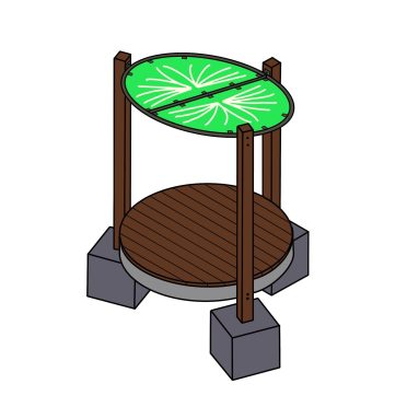 Outdoor stage with a protective roof, ideal for events and performances in various weather conditions. Durable construction featuring wooden platform and supporting posts.