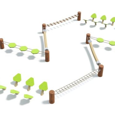Colorful outdoor playground with safety barriers, pathways, and play areas for children, designed for fun and safety.