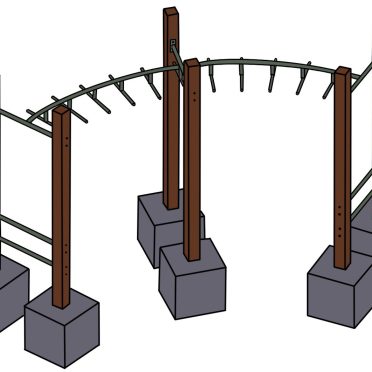 Climbing frame with wooden posts and metal bars on concrete bases, outdoor playground equipment for children.