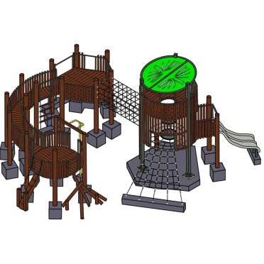 Kids outdoor playset featuring slides, climbing nets, and wooden play towers for children.