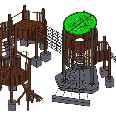 Colorful wooden playground with slides, swings, climbing ladders, and a circular green roof on tower for kids' outdoor fun and active play.