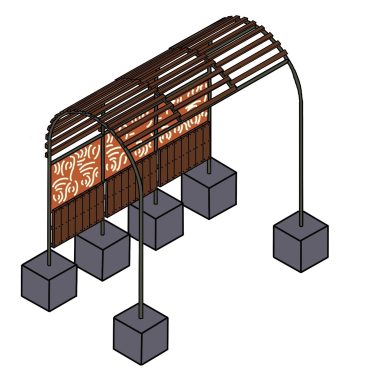 Modern timber shelter with curved wooden slats and concrete base supports, ideal for outdoor spaces and providing shade and aesthetic appeal.