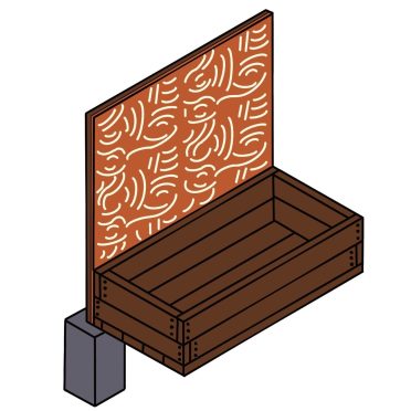 Veggie bed with timber construction and decorative screen for garden planting.