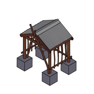 Small wooden playhouse with a sloped roof, supported by four concrete blocks, designed for children's outdoor play.