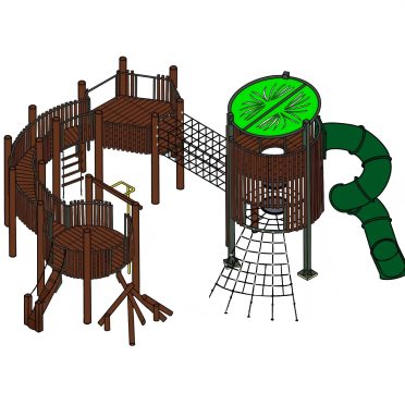 Trailblazer Tower by DG Play, a multi tower timber unit with a green spiral slide
