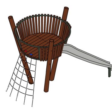 Tree Top Hideaway by DG Play, a round timber treetop fort with a slide and rope net ladder