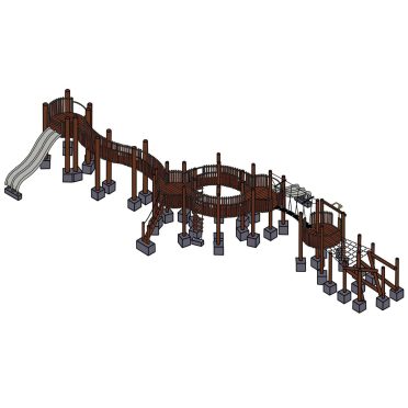 Vibrant outdoor wooden adventure playground with slides, climbing structures, and bridges for kids' active play and fun. Perfect for outdoor recreation and children’s entertainment.