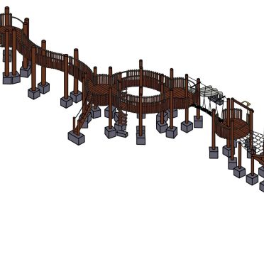 A detailed illustration of a large wooden playground with slides, bridges, stairs, and climbing ropes designed for outdoor recreation and children's play areas.