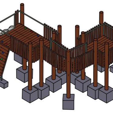 Climbing playground structure with slides, bridges, and swings made of wood and metal for outdoor recreational activities.
