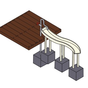 Sliding water slide at DG Play playground, featuring a curved slide on sturdy support pillars, wooden platform for access, and vibrant outdoor recreational equipment for kids' fun and entertainment.