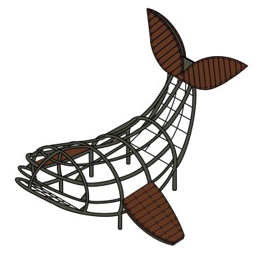 Whale sculpture made of metal and wood, designed for outdoor decor, inspired by marine life, perfect for garden or public space installations.