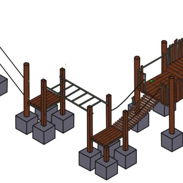 Fortress adventure playground with wooden structures, climbing nets, bridges, and slides for kids' outdoor play and fitness activities.