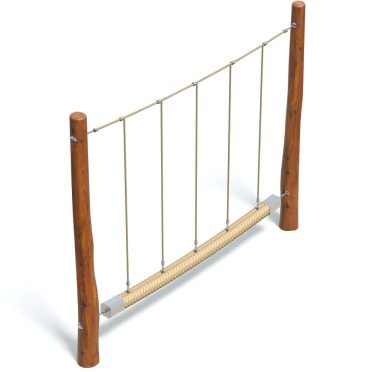 Climbing obstacle for outdoor playground, with wooden posts and rope ladder for kids' physical activity and fun. Ideal for school or park playgrounds, promoting motor skills and coordination.