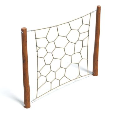 Hexagonal rope climbing net with wooden poles for outdoor playground safety and active play. Durable, eco-friendly, and perfect for children's recreational activity and physical development.
