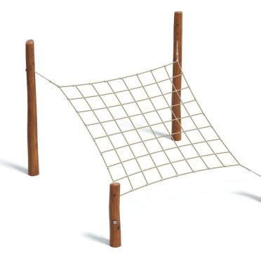 Rope climbing net with wooden poles. Durable outdoor playground equipment for children, promoting physical activity, coordination, and motor skills development. Ideal for parks and schoolyards.