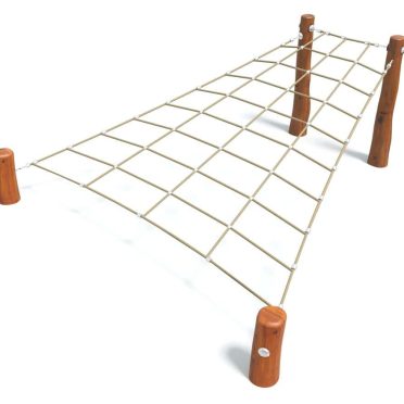 Rope playground climbing frame with wooden support poles, suitable for outdoor kids' play areas, promoting physical activity and balance.