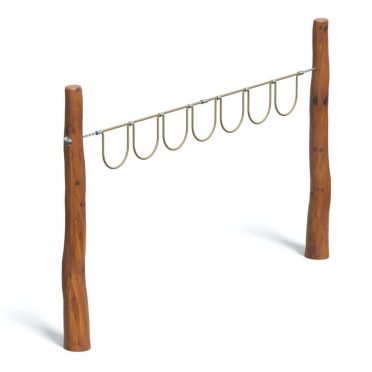 Sturdy wooden playground climbing frame with metal rings for kids' outdoor play and exercise activities. Durable construction suitable for playgrounds and backyard entertainment.