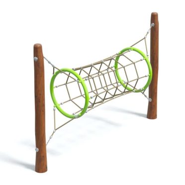 Climbing playground gear with wooden posts and green hoops for children's outdoor play.