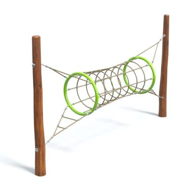 Colorful kids playground climbing bridge with wooden posts and green accents, ideal for outdoor play and physical activity. Perfect for children's recreational spaces and playground equipment.