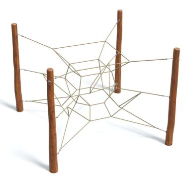 Climbing spider web playground equipment made of wood and rope for kids outdoor play areas.