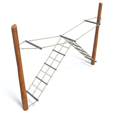Rope playground climbing frame with wooden posts, metal rungs, and a rope bridge for outdoor kids' play equipment.