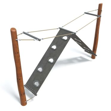 Heavy-duty playground climbing structure with wooden posts, metal panels, and ropes for children’s outdoor activity and playground fitness.