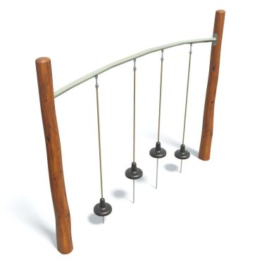 Aerial playground climbing obstacle with wooden posts and hanging rubber discs for kids' outdoor play and physical development.