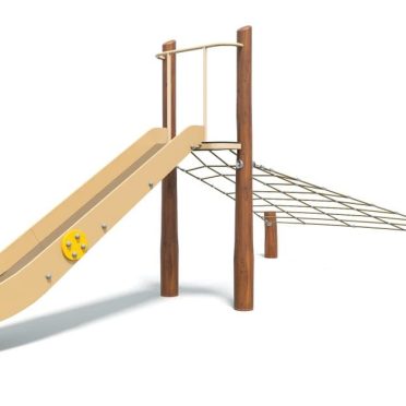 Colorful outdoor playground equipment featuring a slide and climbing rope set for children's recreational activities. Durable wooden and metal structure for safe play.