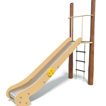 Colorful outdoor kids playground slide with climbing ladder and safety rails for children’s play area.