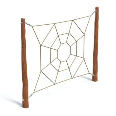Rope spider web climbing structure with wooden posts for playgrounds and outdoor recreation. Durable and safe design for kids' physical activity and imaginative play.