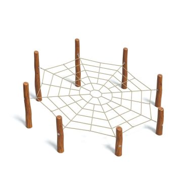 Rope spider web playground equipment with wooden posts for outdoor kids play area. Durable climbing gear perfect for playgrounds, parks, and recreational spaces. Enhance outdoor activity spaces with safe, engaging play structures.