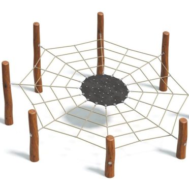 Vibrant playground spider web climbing element with sturdy wooden posts and durable ropes for kids' outdoor play and physical activity. Perfect for parks, schools, and backyard playgrounds.