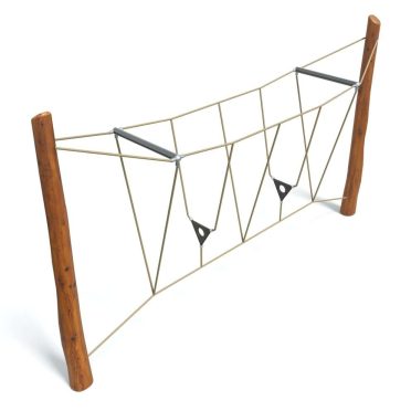 Climbing frame with wooden posts and rope net for children's play and outdoor activities. Durable and safe playground equipment for kids' backyard or park. Perfect for active play and development.