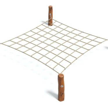 Natural wooden frame playground climbing net for kids outdoor play area.