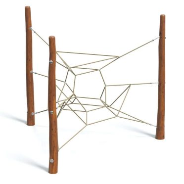 Two wooden poles connected by rope web for climbing or play equipment.